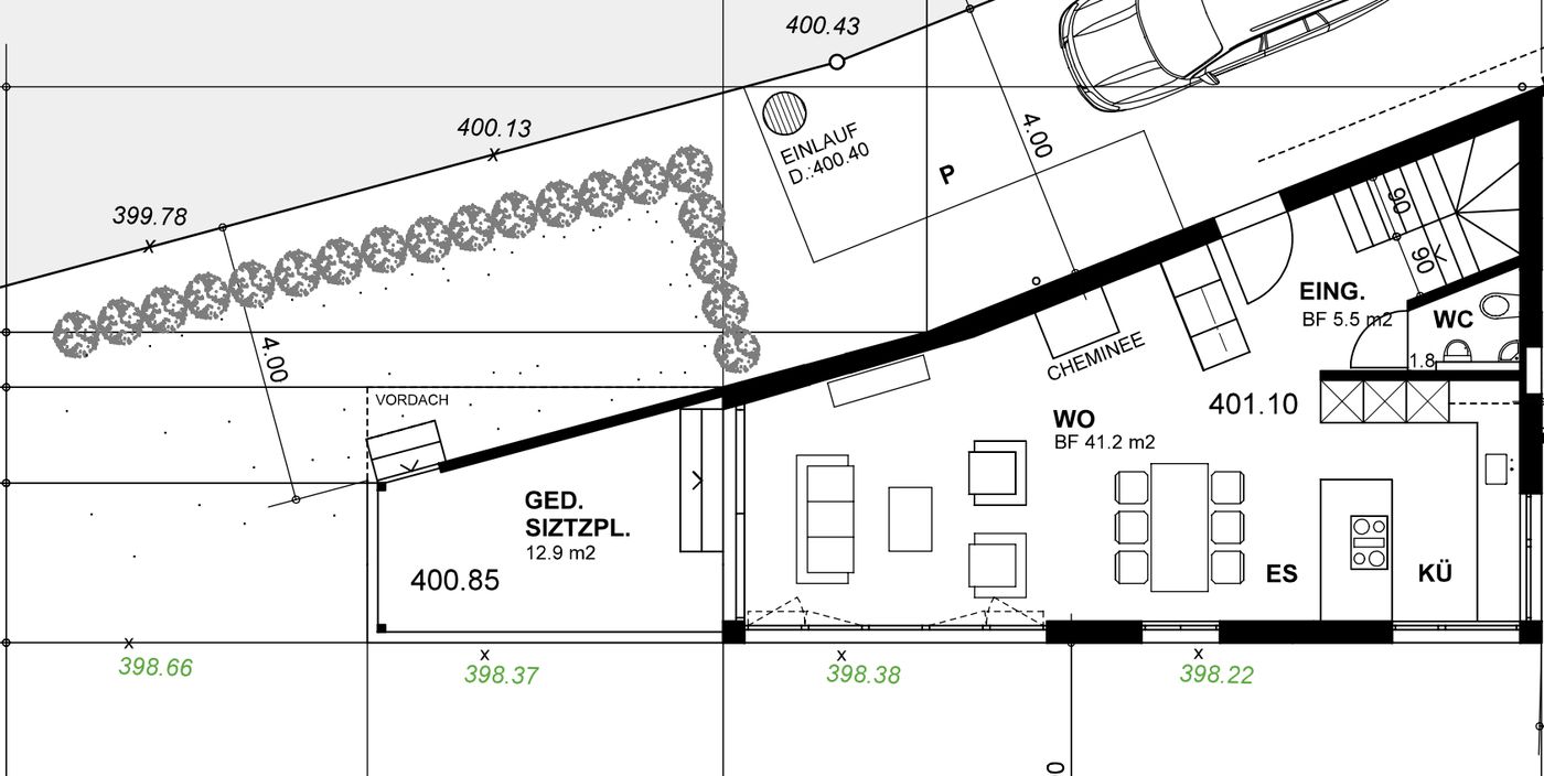 Ground floor plan of Villa 77 with open-plan living, dining and kitchen, entrance and guest WC