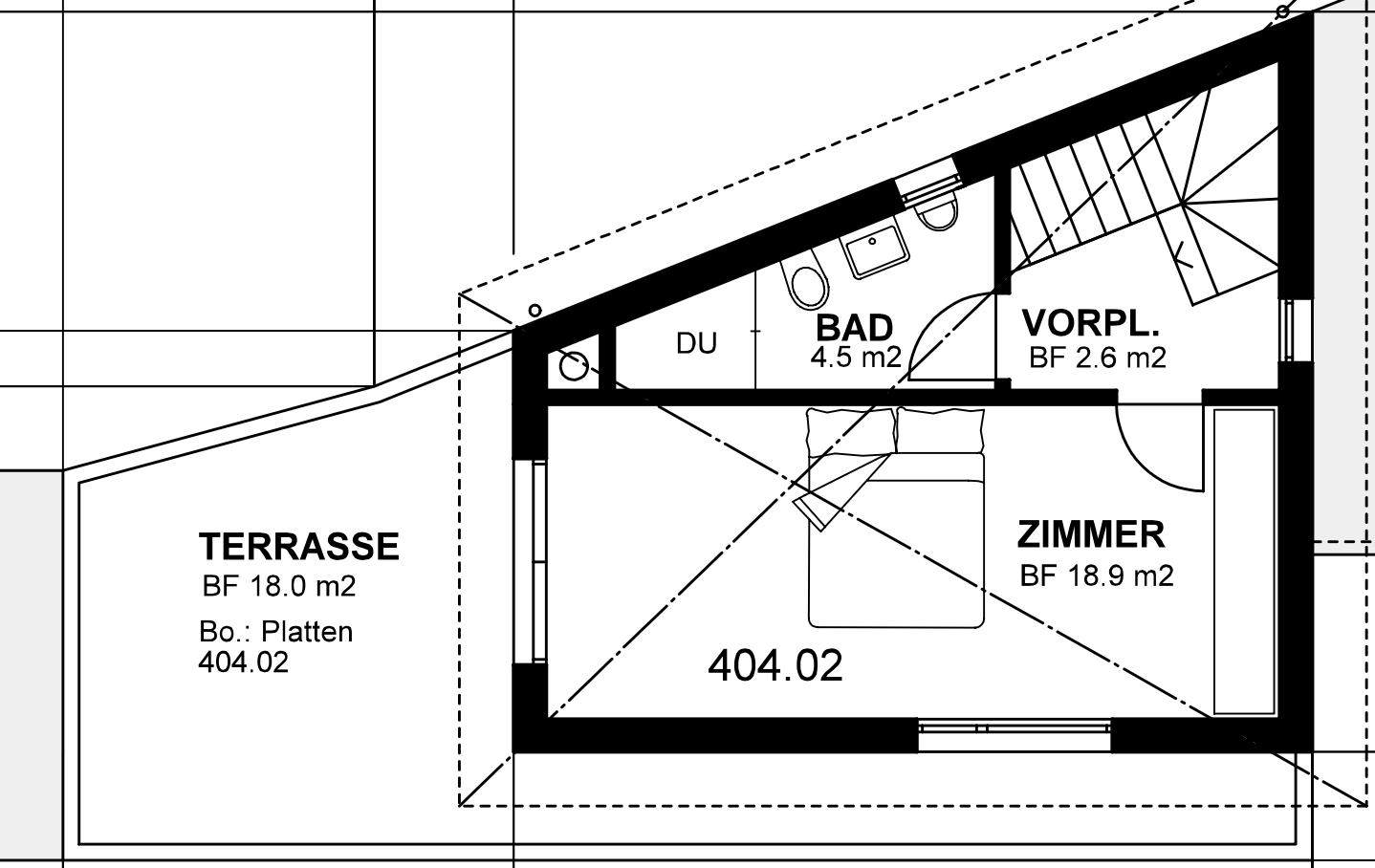 Upper floor plan of Villa 77 — bedroom, bathroom, landing and terrace